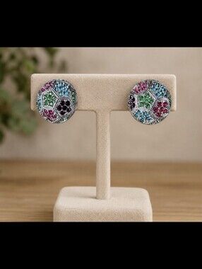 Vintage Dorlan Rhinstone Button Style Clip On Earrings Ounk Green Garnet Tones